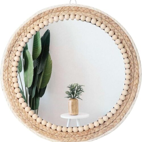 1 Boho Wall Mounted Round Mirror - 15 Inch Circle Rattan Decorative Hanging Mirror for Bedroom, Living Room & Bathroom
