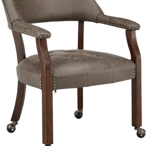 Large Dining Chairs with Casters and Arms, Rolling Dining Chairs with Wheels, Poker Chairs, Solid Wood Office Desk Chairs, 26"D x 25.2"W x 31.5"H, Cherry Legs & Dark Brown Fabric SY-1533-DK