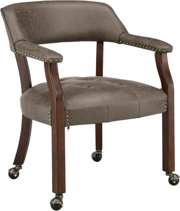 Large Dining Chairs with Casters and Arms, Rolling Dining Chairs with Wheels, Poker Chairs, Solid Wood Office Desk Chairs, 26"D x 25.2"W x 31.5"H, Cherry Legs & Dark Brown Fabric SY-1533-DK 1