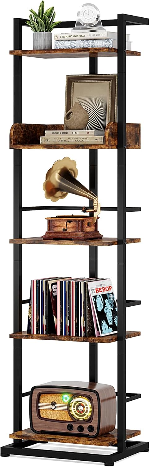 Book Shelf Narrow Bookshelf: 5 Tier Wood Bookcase with Metal Edge Protection Industrial Modern Bookshelf Book Storage Organizer for Living Room Bedroom Home Office (Rustic Brown) 1