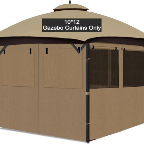 1 Gazebo Privacy Curtain 10'x12', Replacement Curtains with Mosquito Net Windows, 4-Panels Side Wall, Zippers, Waterproof Outdoor Curtains for Patio, Canopy, Garden and Backyard, Khaki (Curtain Only)