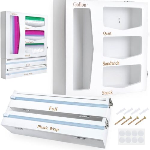 1 Storage Bag Organizer, Foil & Plastic Wrap Dispenser with Cutter, Organizer for Gallon, Quart, Sandwich &Snack Size, Bamboo Bag for Kitchen Drawer, White(17.5x3.5x13.5)