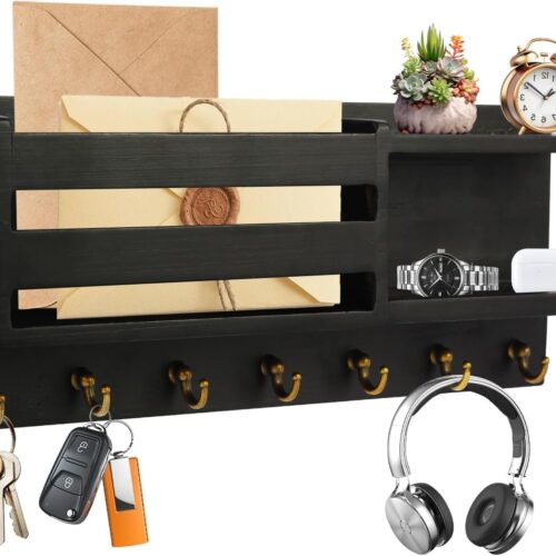 Wood Key Holder Wall Mount, Mail and Key Organizer with Small Tray, 7 Hooks Key Racks for Entryway, Bedroom, Home, Office (Black)