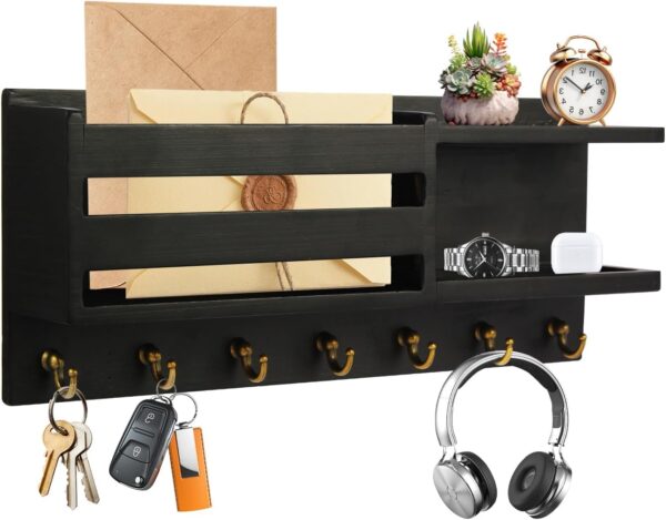 Wood Key Holder Wall Mount, Mail and Key Organizer with Small Tray, 7 Hooks Key Racks for Entryway, Bedroom, Home, Office (Black) 1