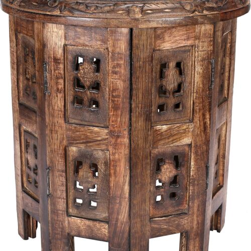 1 Vintage Carved Round End Table – 12" Small Rustic Boho Accent Coffee Side Table for Living Room, Handcrafted Wooden Nightstand, Vintage-Inspired Decor