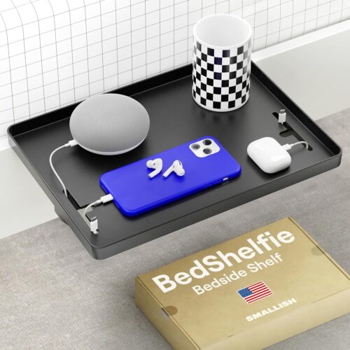 1 Bedside Shelf, Bunk Bed & Top Bunk, Clip On Nightstand, Bed Side Table Tray Organizer, Dorm Room Decor, College Dorm Essentials - Cable Catch, Black