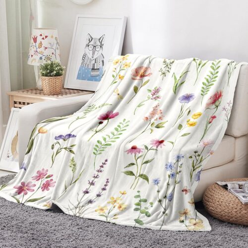 1 Wildflowers Throw Blanket Botanical Floral Printed Blanket Super Soft Flannel Throw Blanket Lightweight Fluffy Plush Fuzzy Bed Blanket for Bedding Sofa and Travel 50"X60"