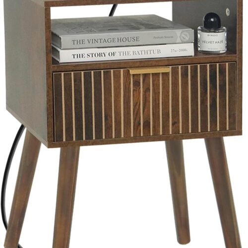 1 Mid Century Modern Nightstand with Charging Station, Wood Bedside Table with Drawer, Modern End Table for Bedroom and Small Spaces, Easy Assembly, Rustic Brown