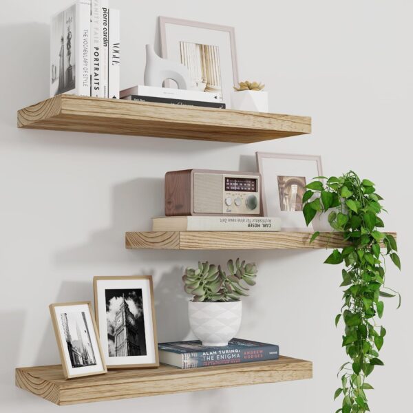 Wood Floating Shelves for Wall Set of 3, 17 Inch Wide Rustic Wooden Floating Shelves, Invisible Wall Mounted Display for Living Room Bedroom Kitchen Bathroom Office, Carbonized Black 3