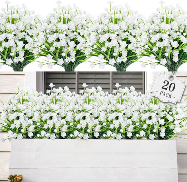 20 Bundles Artificial Flowers for Outdoor Outside Spring Summer Decoration UV Resistant Faux Flowers No Fade Fake Plastic Plants Garden Porch Window Box Decorating (Pure White) 3