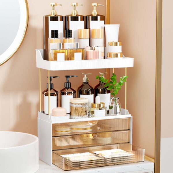 3 Drawers Makeup Organizer - 5 Tier Bathroom Organizers and Storage, Versatile Perfume Vanity Organizer, Ideal for Cosmetic, Large Skincare, Face Mask, Office Supplies, Amber 1