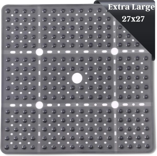 Square Shower Mat 27x27 inch - Large Anti Slip Shower Floor Mat - Non Slip Bathroom Shower Stall Mats with Strong Secure Suction Cups and Drain Holes in Middle (Charcoal 27x27) 3