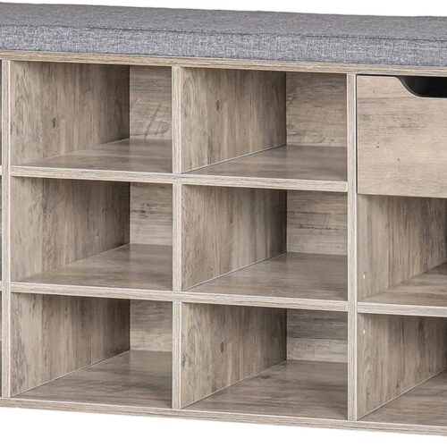 1 Shoe Bench, Entryway Storage Bench with Drawer and 11 Cubbies, Cubby Shoe Rack with Adjustable Shelves, Organizer Cabinet for Living Room, Bedroom, Mudroom, Closet and Garage, Greige