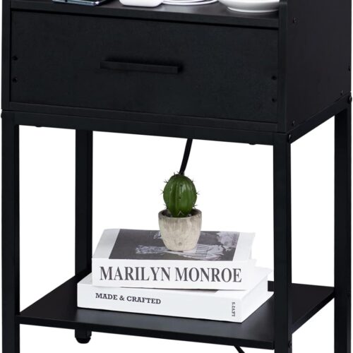 1 Nightstand with Charging Station and USB Ports, 3-Tier End Side Table with Storage Drawer and Shelf, Bedside Night Stand for Bedroom- Black