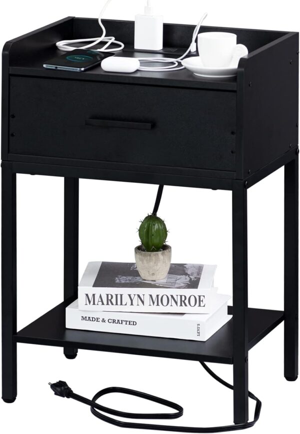 Nightstand with Charging Station and USB Ports, 3-Tier End Side Table with Storage Drawer and Shelf, Bedside Night Stand for Bedroom- Black 1