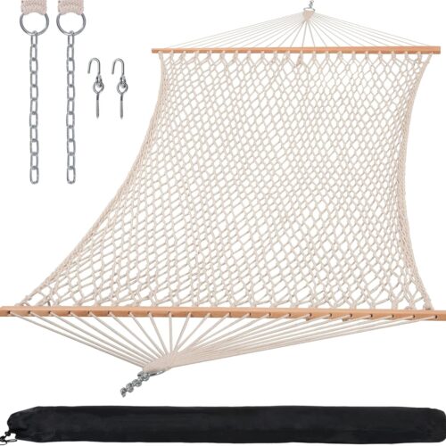 Hammocks Traditional Rope Double Hammock with Hardwood Spreader Bar and Carrying Bag, 450 lbs Capacity, Natural