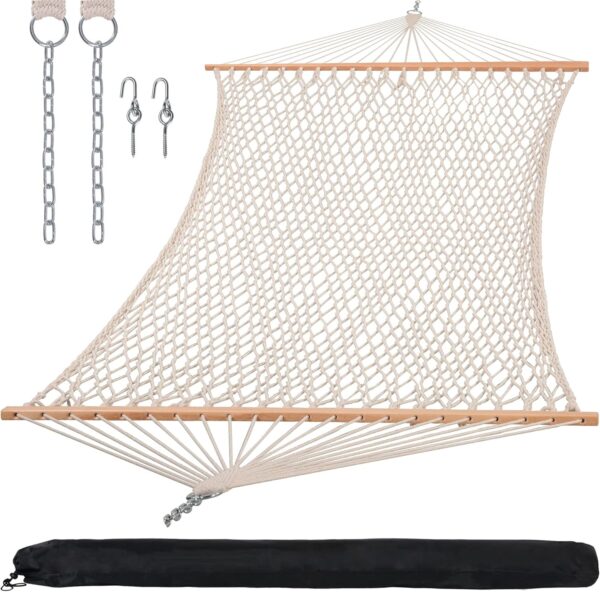 Hammocks Traditional Rope Double Hammock with Hardwood Spreader Bar and Carrying Bag, 450 lbs Capacity, Natural 1