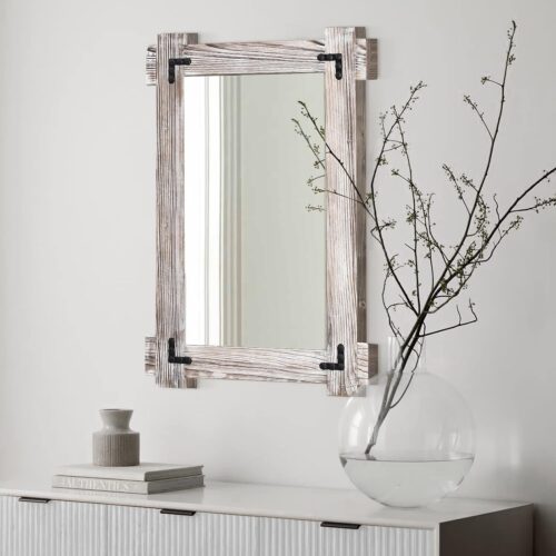 Farmhouse Rustic Wood Framed Bathroom Mirror, Decorative Wall Mounted Rectangular Mirror for Bedroom, Living Room, or Bathroom, 24x36 Inch, White
