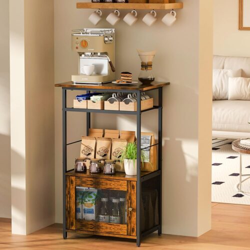1 Coffee Bar Station, 3-Tier Small Coffee Stand Station with Storage, Farmhouse-Style Kitchen Microwave Stand Featuring 1-Door Cabinet for Living Room, Entryway, Kitchen