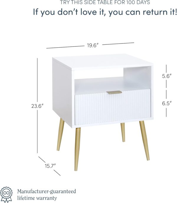 Jacklyn White Nightstand, Gold Accent Bedside Table with Storage Drawer, Open Shelf and Mid-Century Golden Legs, White/Gold 2