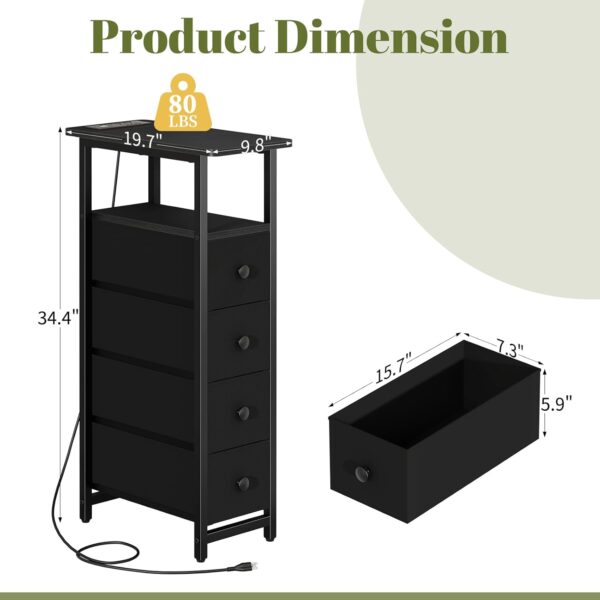 Narrow Dresser for Bedroom, LED Skinny Nightstand with Charging Station, Small Dressers Chest of Drawers, Narrow Side Table, Fabric Dresser Tall Skinny Cabinet Night Stand for Small Spaces 2