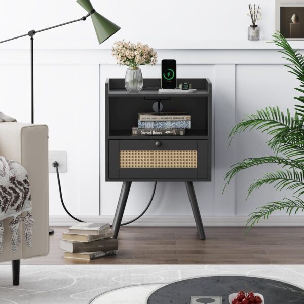 Nightstand with Charging Station & Rattan-Like Decor Drawer, Rattan End Table with Solid Wood Feet, Bed Side Table with Open Storage, for Bedroom, Living Room, Dormitory - Black 3