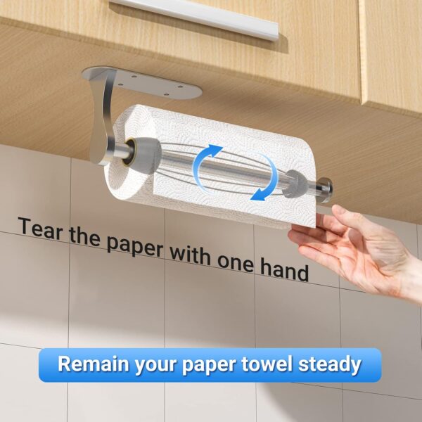 Paper Towel Holder Under Cabinet, One-Handed Tear, Wall Mount, Adhesive, Stainless Steel, Silver, Paper Roll Holder with Ratchet Mechanism for Kitchen Bathroom Farmhouse Essentials Decor Accessories 2