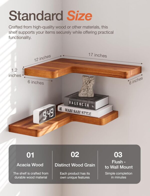 Acacia Wood Corner Floating Shelves 17" x 12"– Corner Shelf Wall Mounted - Floating Corner Shelves for Wall - Brackets and Shelving Hardware Included for Kitchen, Living Room, Bathroom (Set 2) 2