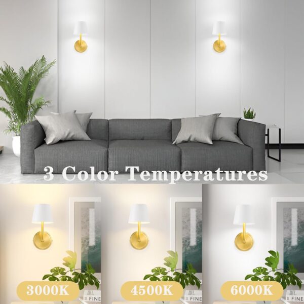 Wall Sconce Set of Two,White Gold Battery Sconces with Remote,3 Color Temperatures Rechargeable Wireless Wall Lights,Dimmable Battery Powered Lamp for Bedroom Living Room Hallway 2