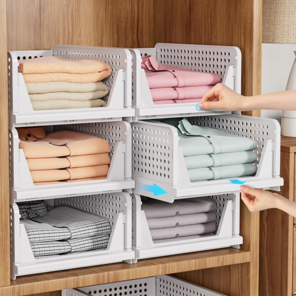 5 Pack Stackable Closet Storage Basket, Multifunctional & Foldable Closet Organizer for Bathroom Kitchen Laundry Room Wardrobe Storage, Space-Saving Clothes Storage Drawer Organizer, White 2
