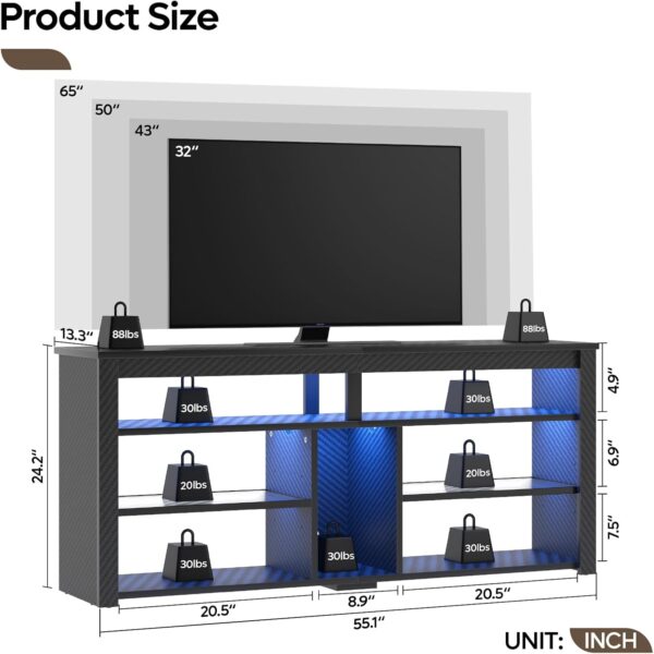 LED Tall TV Stand, Entertainment Center for 55/60/65 Inch, Gaming Console With Storage for PS4, Adjustable Shelf Modern High Cabinet for Living Room Bedroom, Carbon Fiber Black 3