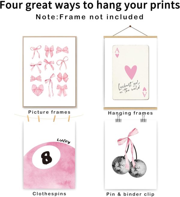 Pink Coquette Trendy Preppy Wall Art Prints Set of 4, Coquette Room Decor, Preppy Room Decor Aesthetic, Pink Bow Disco 8 Ball Cherry Wall Decor Posters for Girls Bedroom Dorm, 12x16 Unframed 3