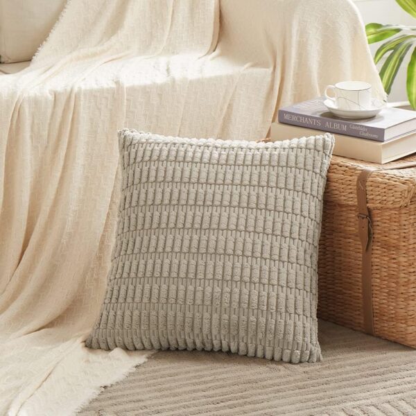 4 Packs Neutral Decorative Throw Pillow Covers 18x18 Inch for Living Room Couch Bed Sofa, Rustic Farmhouse Boho Home Decor, Soft Plush Striped Corduroy Square Cushion Case 45x45 cm 2