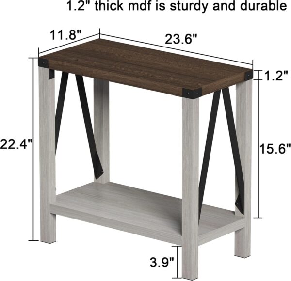Farmhouse End Table for Small Spaces, Narrow Side End Table with Storage Shelf, Rustic A-Design Nightstand Sofa Table for Living Room, Bedroom (White & Brown) 3