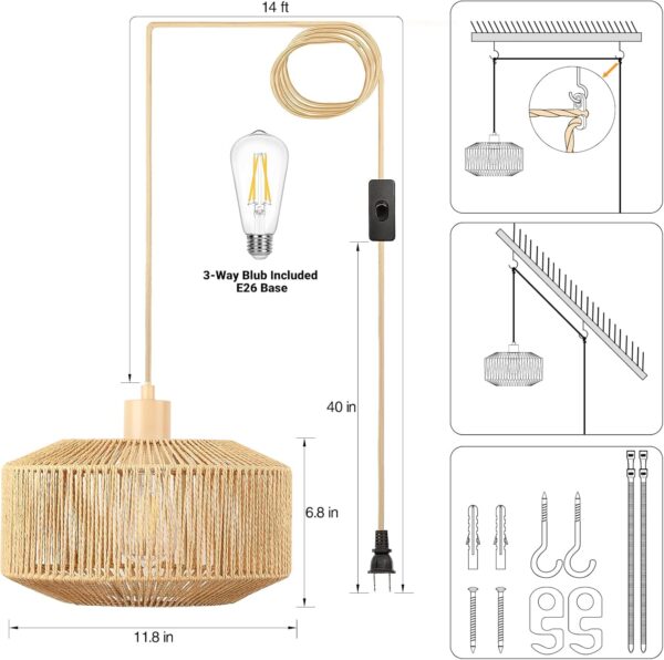 Plug in Pendant Light Paper Woven Rattan Hanging Lights Boho Hanging Lamp Rustic Farmhouse Pendant Lights for Kitchen Dining Room Bedroom Entryway, with 3-Way Dimmable Bulb (Woven-2) 3