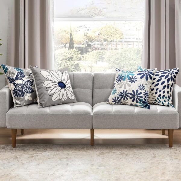Blue Decorative Throw Pillow Covers 18x18 Set of 4, Blue and Grey Modern Daisy Floral Pillows Linen Pillow Covers for Couch Sofa Living Room 2