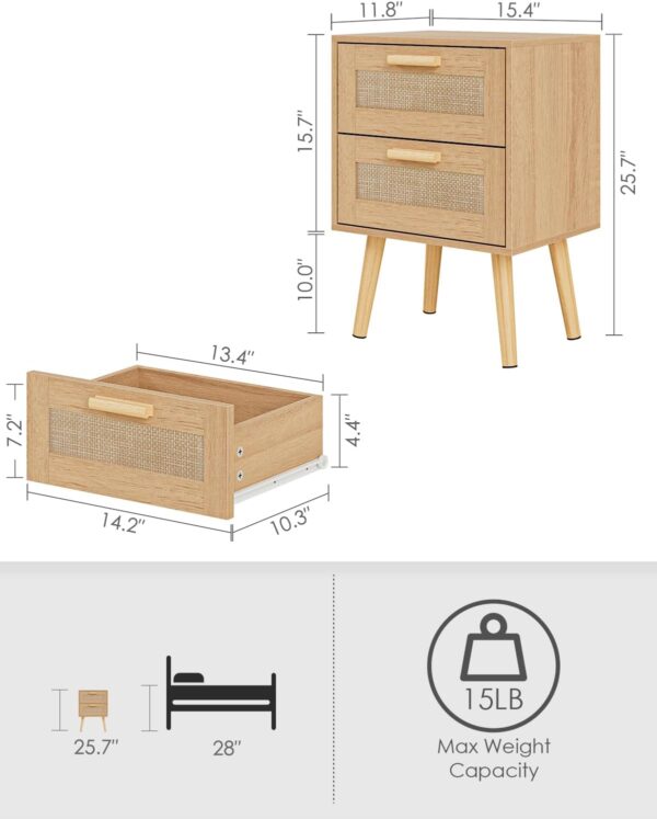 Rattan Night Stand,Modern nightstand Boho Bedside Table with 2 Drawer,Small End Side Table for Bedroom,Living Room,Office,Natural 2