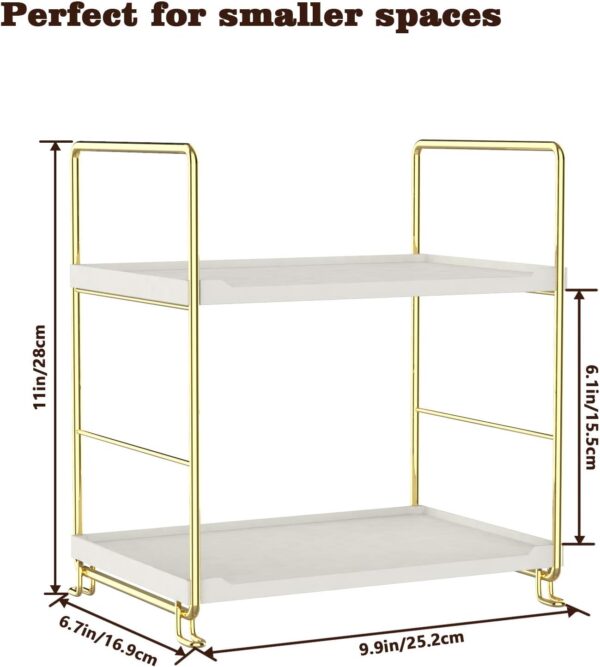 2-Tier Kitchen Spice Rack - Freestanding Stackable Bathroom Countertop Storage Shelf - Cosmetic Organizer Holder- Square Standing Rack (Golden) 2