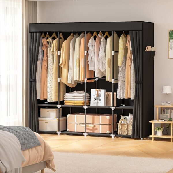 Wardrobe Closet, 66 Inch Portable Closet for Hanging Clothes, Large Capacity Clothes Rack Organizer with Cover & 4 Hanging Rods & 8 Storage Shelves & 2 Side Pockets (Black) 2