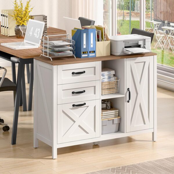 Lateral File Cabinet with 3 Drawers and Door, Farmhouse File Cabinet with Adjustable Shelf for Letter/A4 Size Hanging Files, Printer Stand with Storage Cabinet for Home Office Furniture, White 3