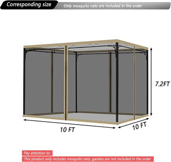 Mosquito Netting for Gazebo Canopy, Replacement Screen Walls Netting with Slip Rings, 4-Door Zipper, Easy to Install Black (Net Only) (10x10FT) 2