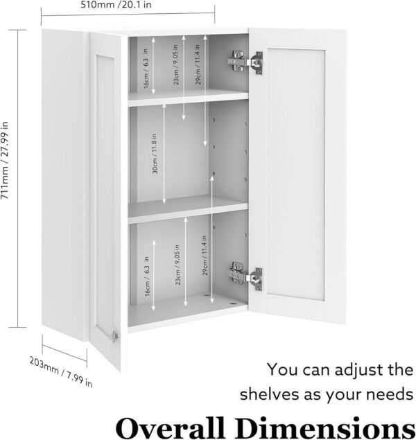Bathroom Cabinet Wall Mounted Over Toilet Storage Cabinet 20x28 inch White Medicine Cabinets for Wall Mount Space Saver Bathroom Storage Cabinet with 2 Adjustable Shelves & 2 Doors 3