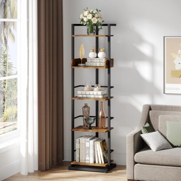 Book Shelf Narrow Bookshelf: 5 Tier Wood Bookcase with Metal Edge Protection Industrial Modern Bookshelf Book Storage Organizer for Living Room Bedroom Home Office (Rustic Brown) 5