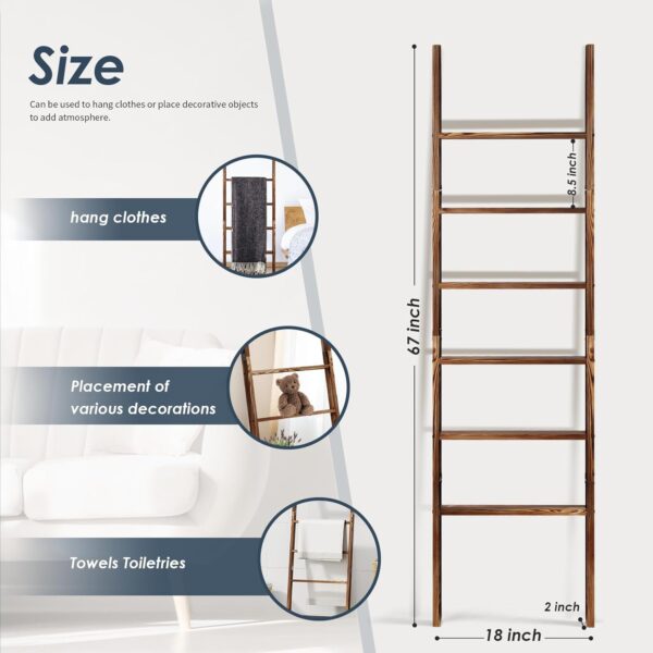 6-Tier Blanket Ladder Wooden, 5.7FT(66.5'') Blanket Quilt Towel Holder Rack Decorative Ladder, Easy Assembly, Rustic Farmhouse Ladder Shelf for The Living Room Bedroom Bathroom Home Decor, Brown 3