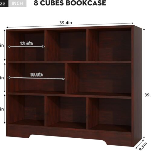 2 Book Shelf, 8 Cubes Storage Organizer, 3-Tier Open Shelf Wooden Bookcase, Freestanding Cherry Bookshelf Cube Shelf for Bedroom, Living Room, Home Office
