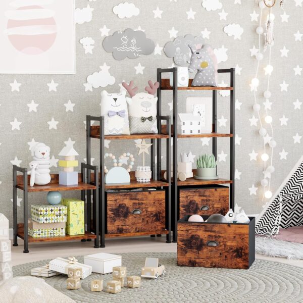 4 Tier Bookshelf with Drawer, Tall Bookcase with Shelves, Narrow Bookshelves Storage Organizer, Wood and Metal Display Standing Shelf Unit for Bedroom, Living Room, Rustic Brown 1