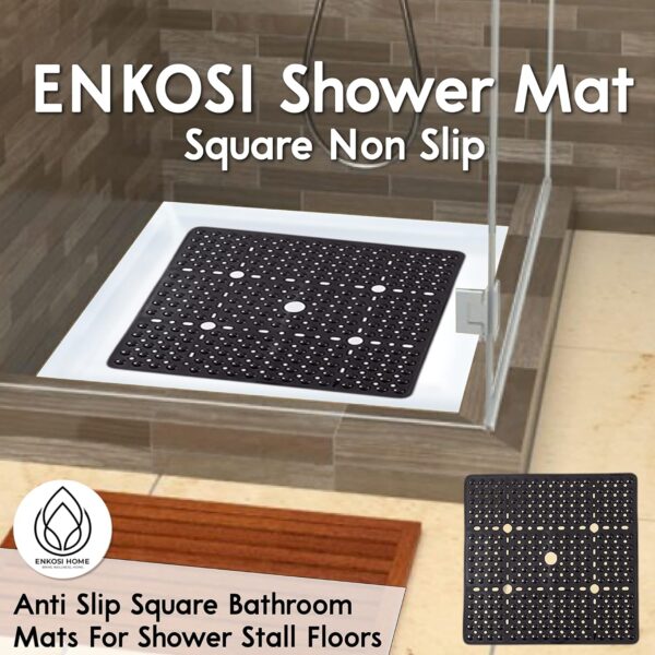 Square Shower Mat 27x27 inch - Large Anti Slip Shower Floor Mat - Non Slip Bathroom Shower Stall Mats with Strong Secure Suction Cups and Drain Holes in Middle (Charcoal 27x27) 2