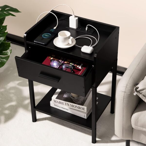 Nightstand with Charging Station and USB Ports, 3-Tier End Side Table with Storage Drawer and Shelf, Bedside Night Stand for Bedroom- Black 2
