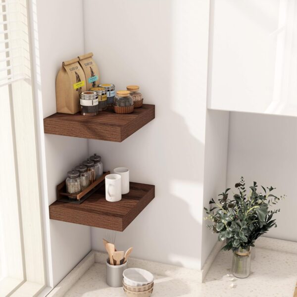 2 Inch Floating Shelf, Rustic Wood Wall Shelves for Wall Decor & Storage, 12 x 12 Floating Shelf for Living Room, Bathroom, Bedroom, Walnut, Set of 2 2