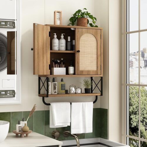 Rattan Bathroom Wall Cabinet, Boho Over The Toilet Storage Cabinet with Arched Rattan Doors, Modern Medicine Cabinet with Adjustable Shelves & Towel Bar, Bathroom Organizer(Rustic Oak, Medium)